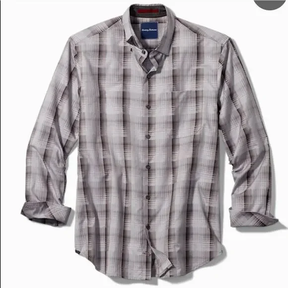 Tommy Bahama Gray Plaid Silk Cotton Blend Long Sleeve Button Up Shirt Men's XL - Picture 1 of 14